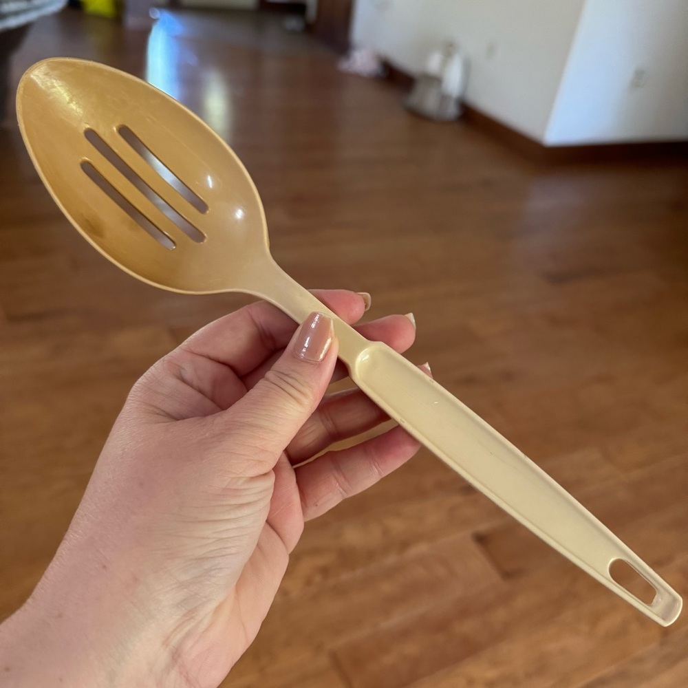 Vintage Ekco Tan Almond Slotted Serving Spoon  11" Made in USA